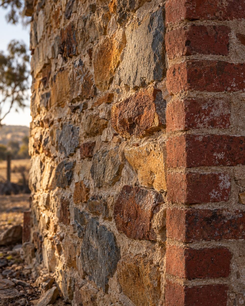 Ironstone wall with a red-brick quoin